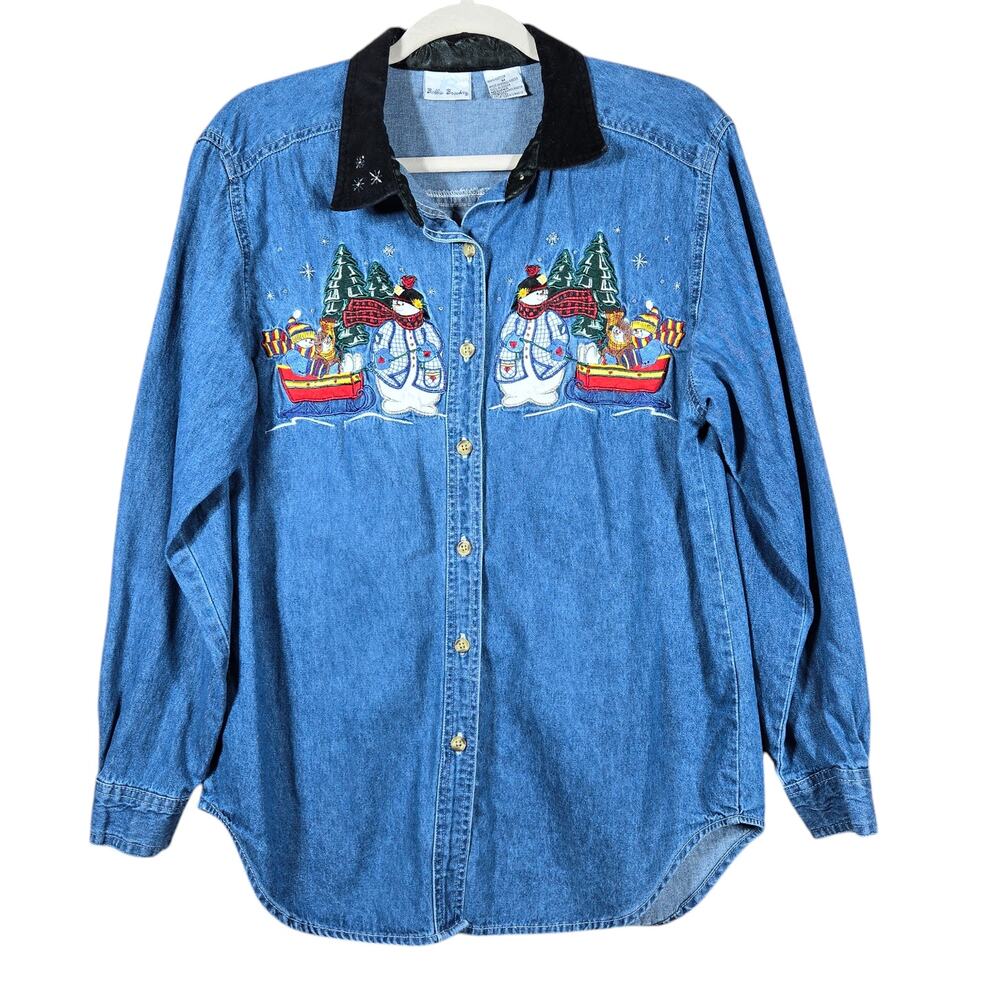 Embroidered Snowman Christmas Denim Shirt Medium Blue Holiday Winter Button Up
